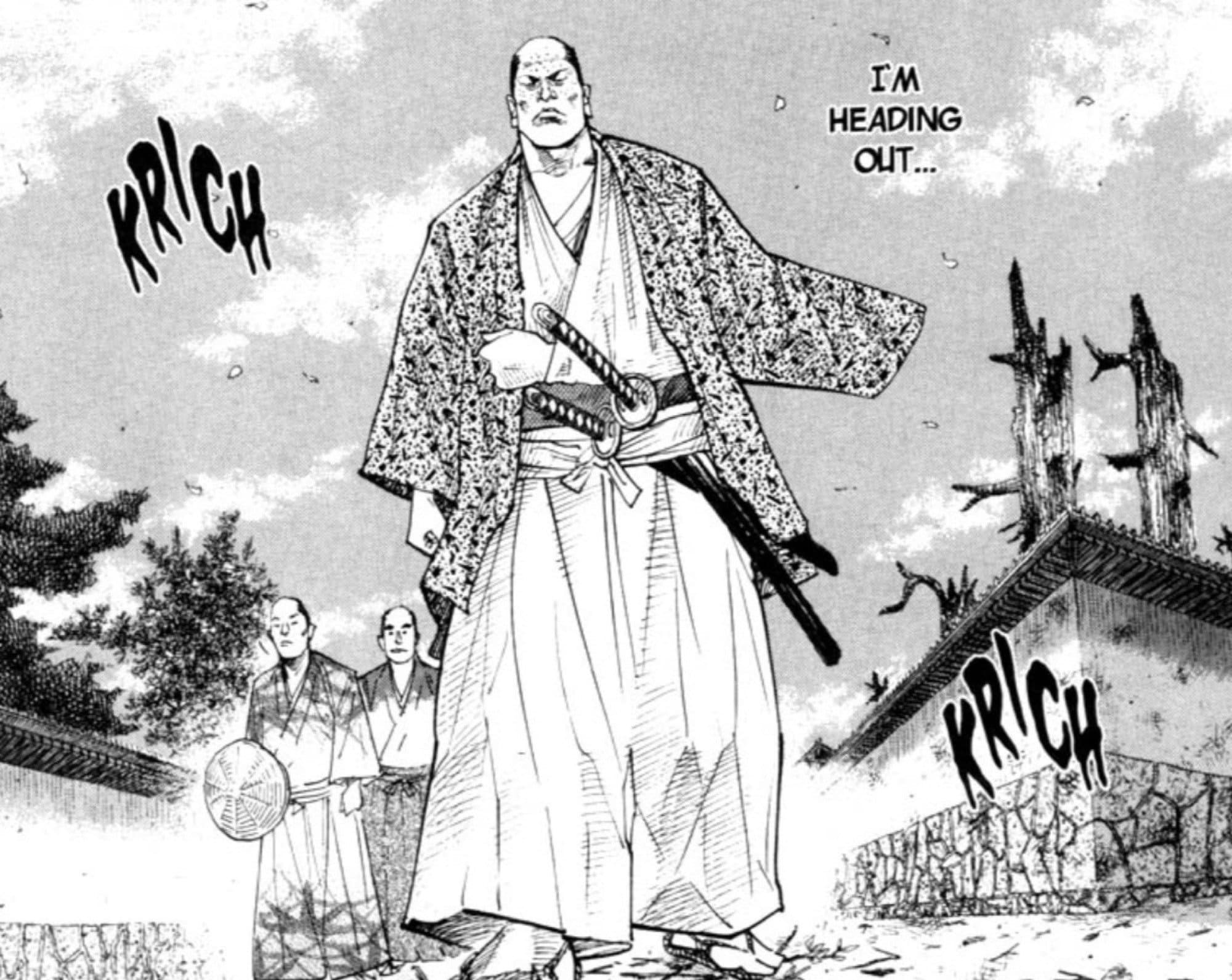 Black and white manga panel from Vagabond depicting the towering samurai Yoshioka Denshichiro striding forward with his swords drawn at his sash.