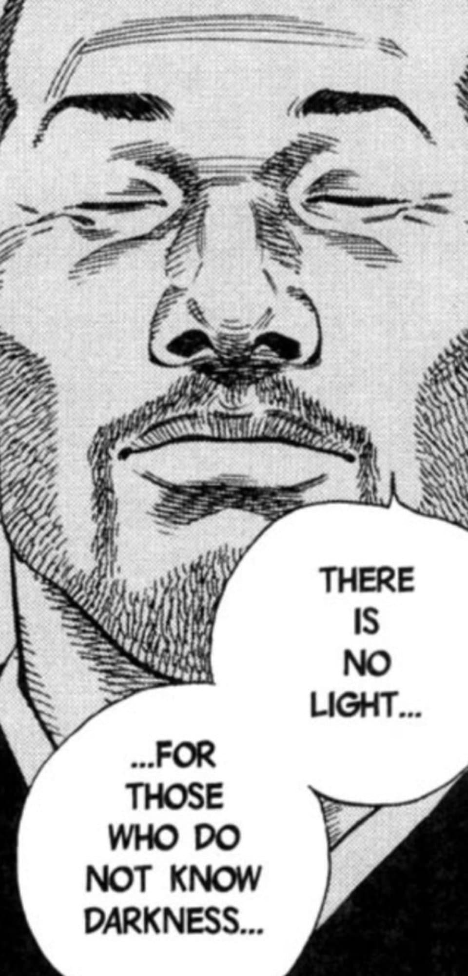 A close-up manga panel from Takehiko Inoue's Vagabond depicting Takuan Soho with closed eyes and philosophical dialogue.