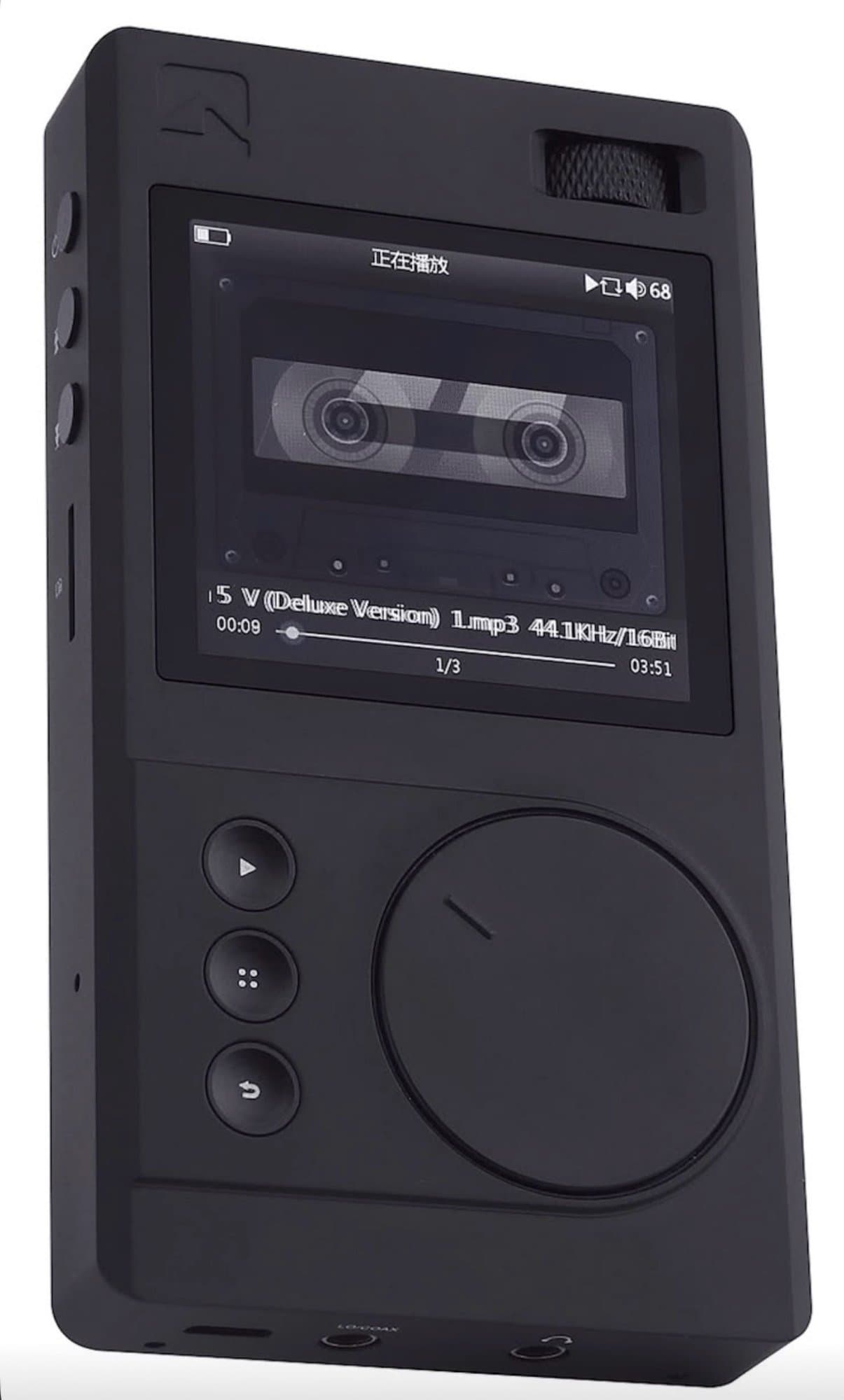 A minimalist matte black portable digital audio player featuring a retro cassette tape UI, tactile scroll wheel, and textured volume dial.