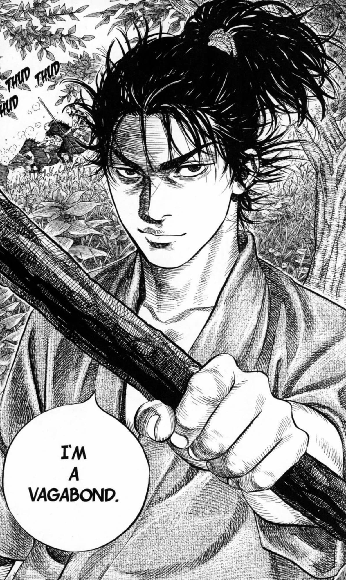 Manga panel illustration featuring protagonist Miyamoto Musashi holding a bokken from Takehiko Inoue's 'Vagabond'.