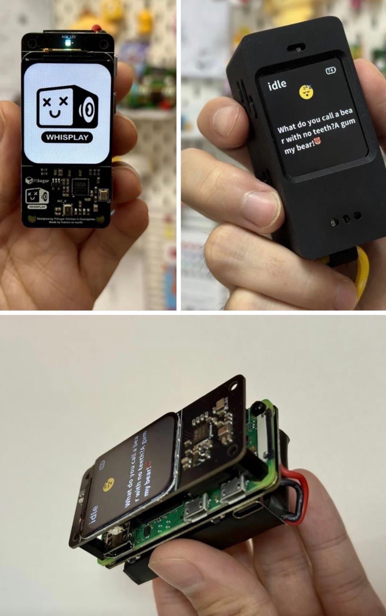 A compact DIY handheld electronic gadget featuring a small display and custom stacked circuit boards designed with PiSugar modules.