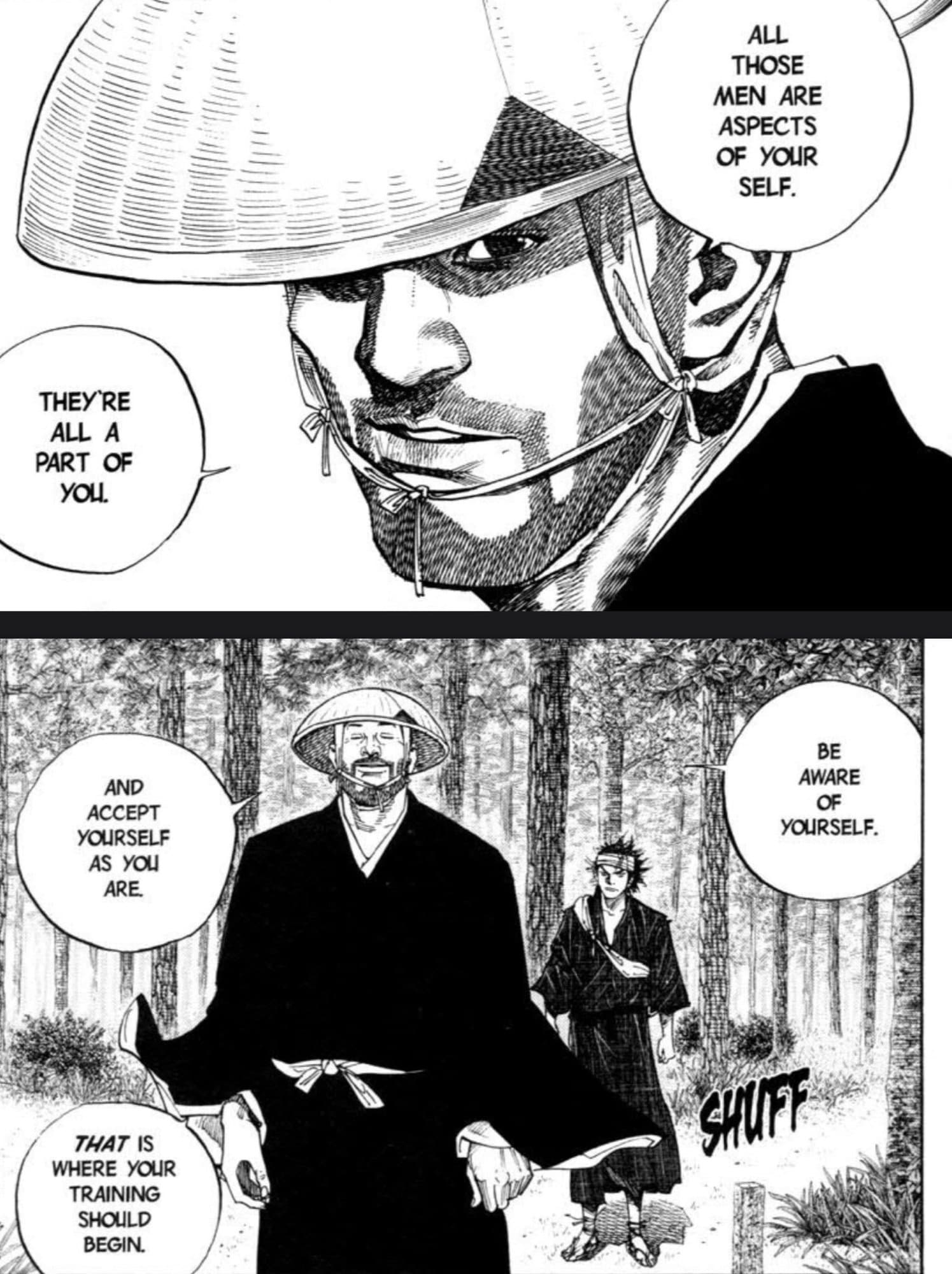 Manga panels from Takehiko Inoue's Vagabond featuring the Buddhist monk Takuan Sōhō offering philosophical guidance in a pine forest.
