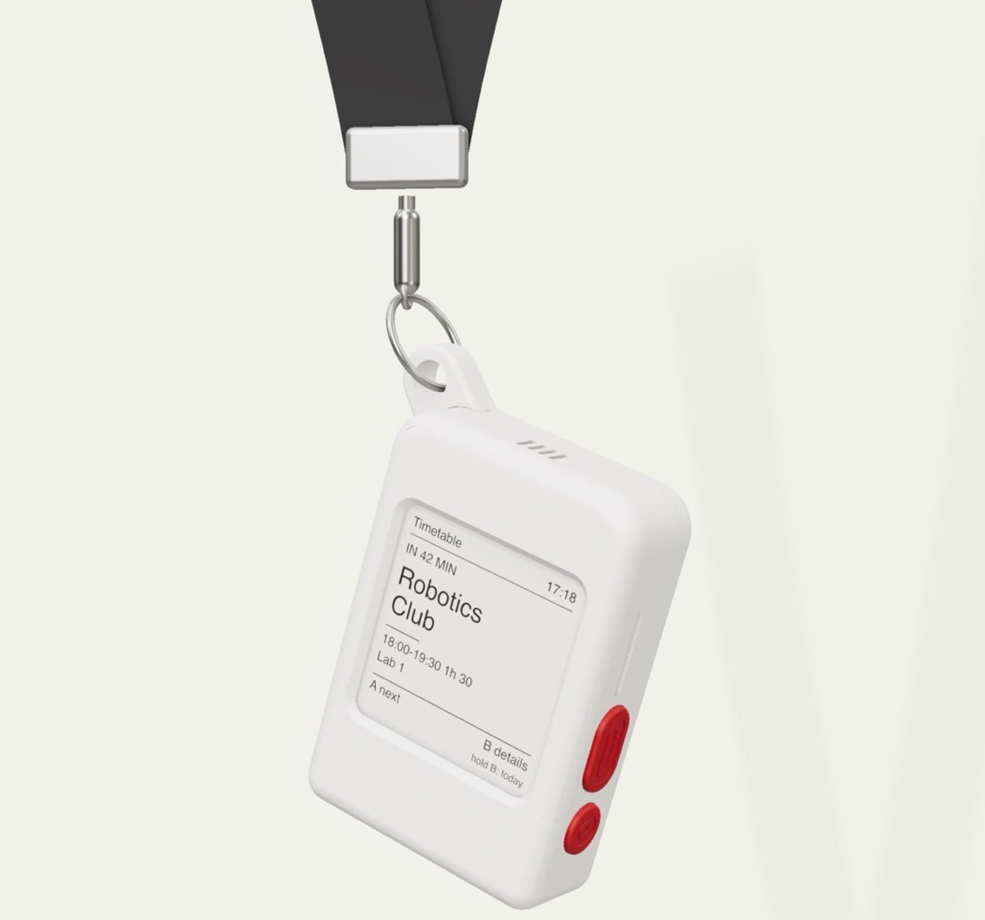 A minimalist white wearable digital schedule tag with an e-paper display and red buttons hanging from a lanyard.