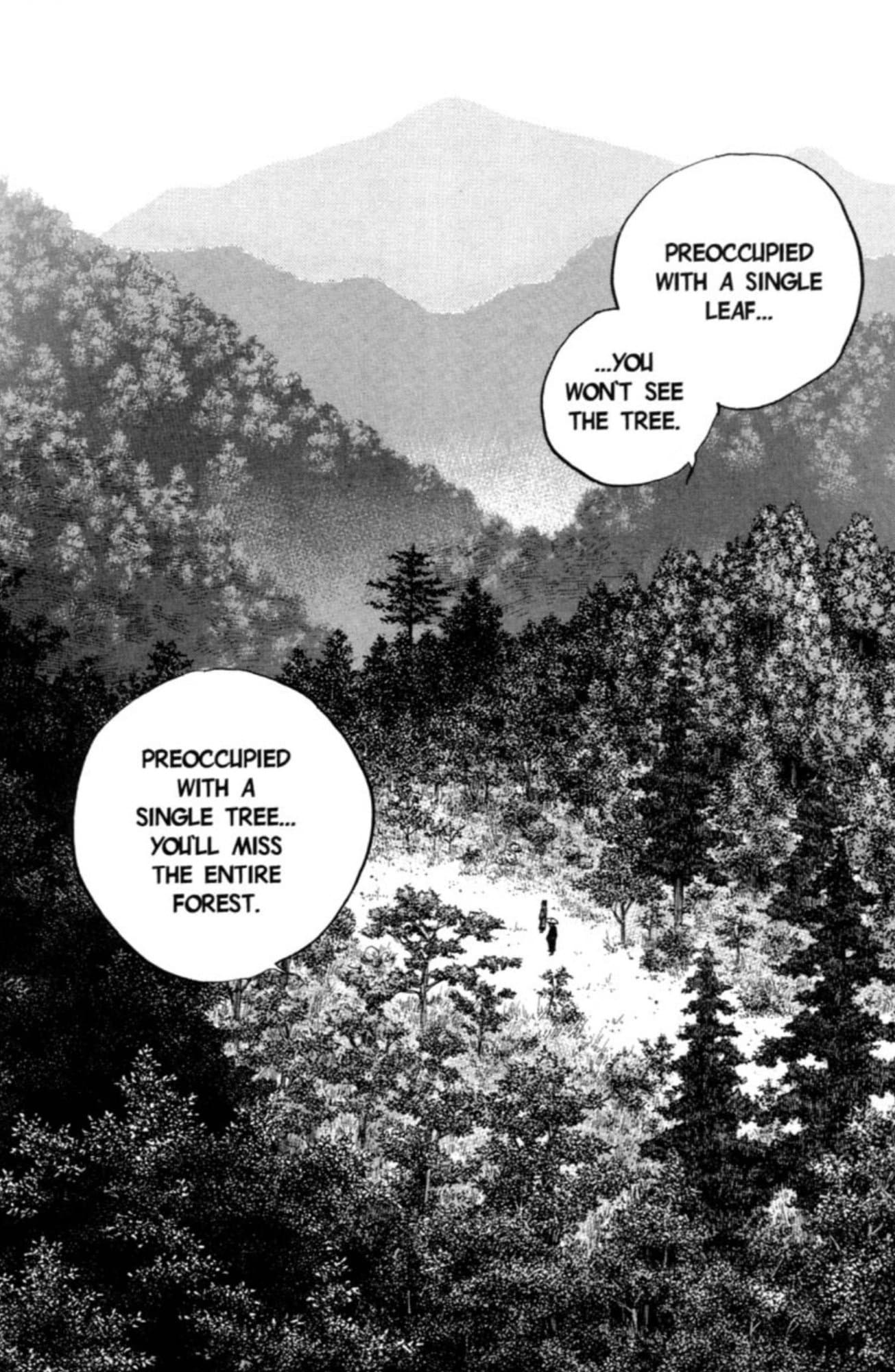 A manga panel from Takehiko Inoue's Vagabond depicting a vast, densely forested mountain landscape with a philosophical reflection on perspective.