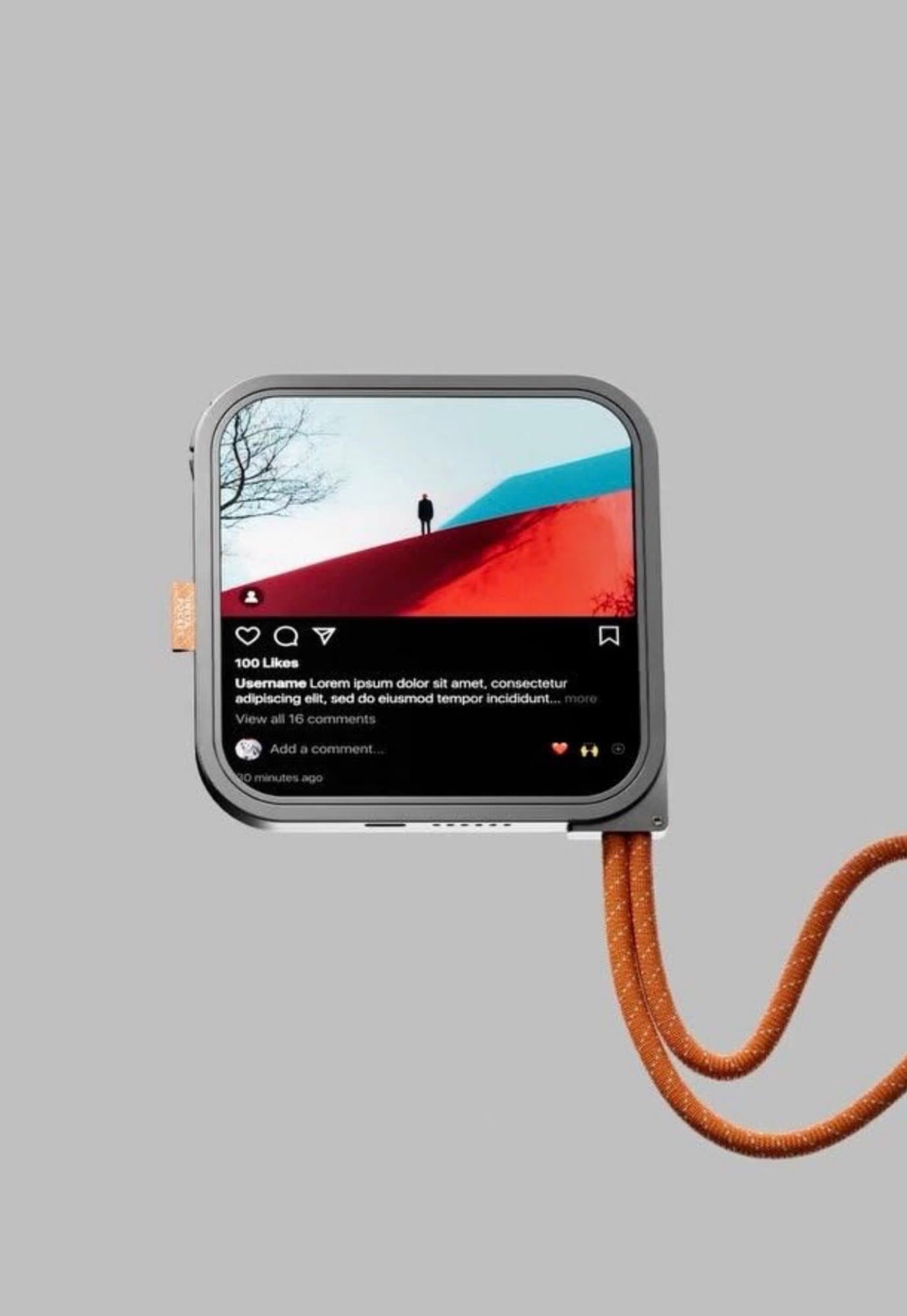 Conceptual square pocket gadget with an aluminium frame and orange braided lanyard, displaying a social media interface.