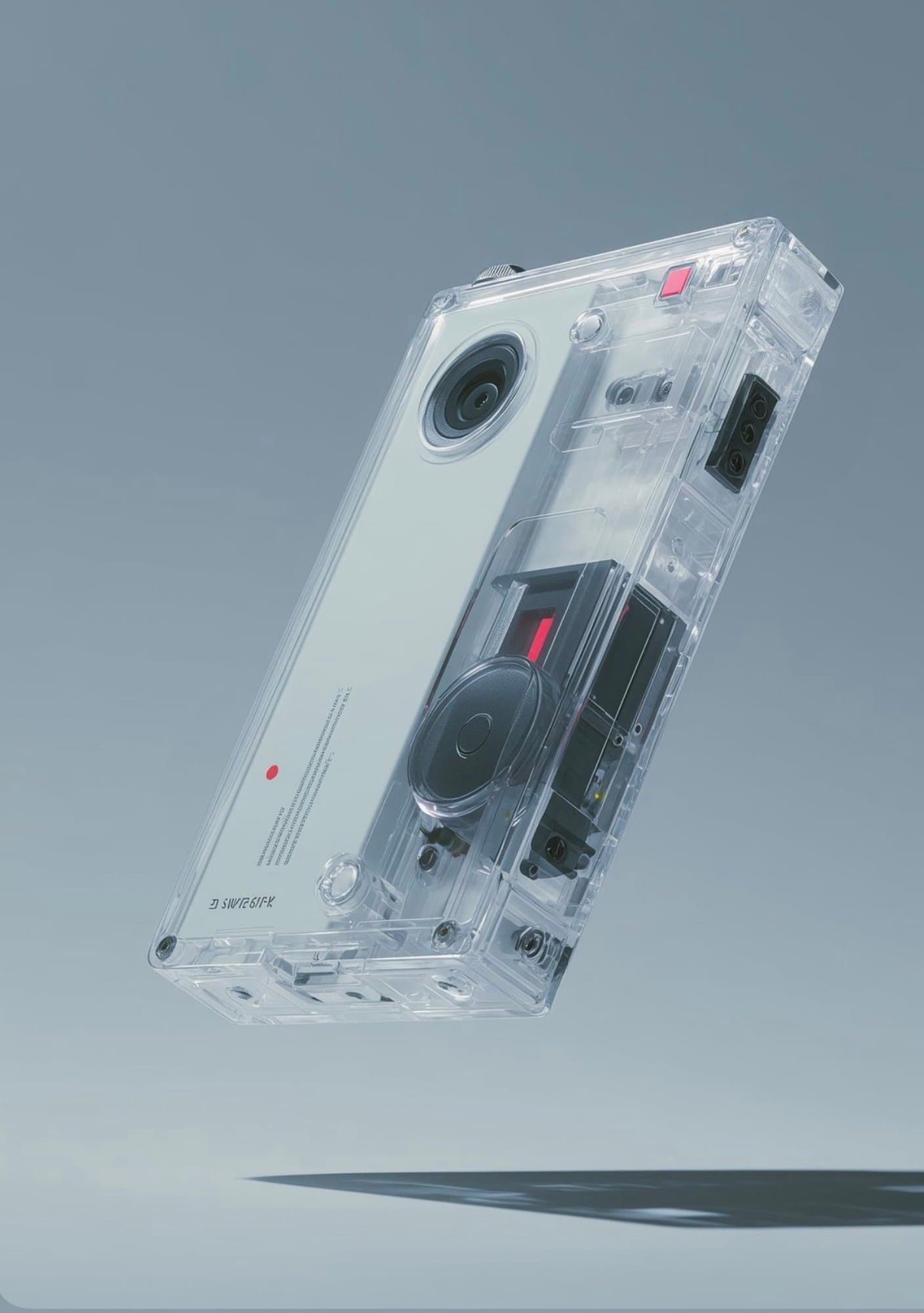 A 3D concept render of a transparent handheld audio device or portable cassette player with visible internal mechanics.