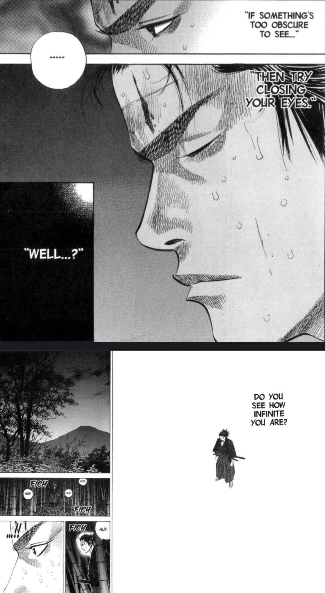 Manga panels from Takehiko Inoue's Vagabond depicting Miyamoto Musashi in introspective contemplation with poetic philosophical dialogue.