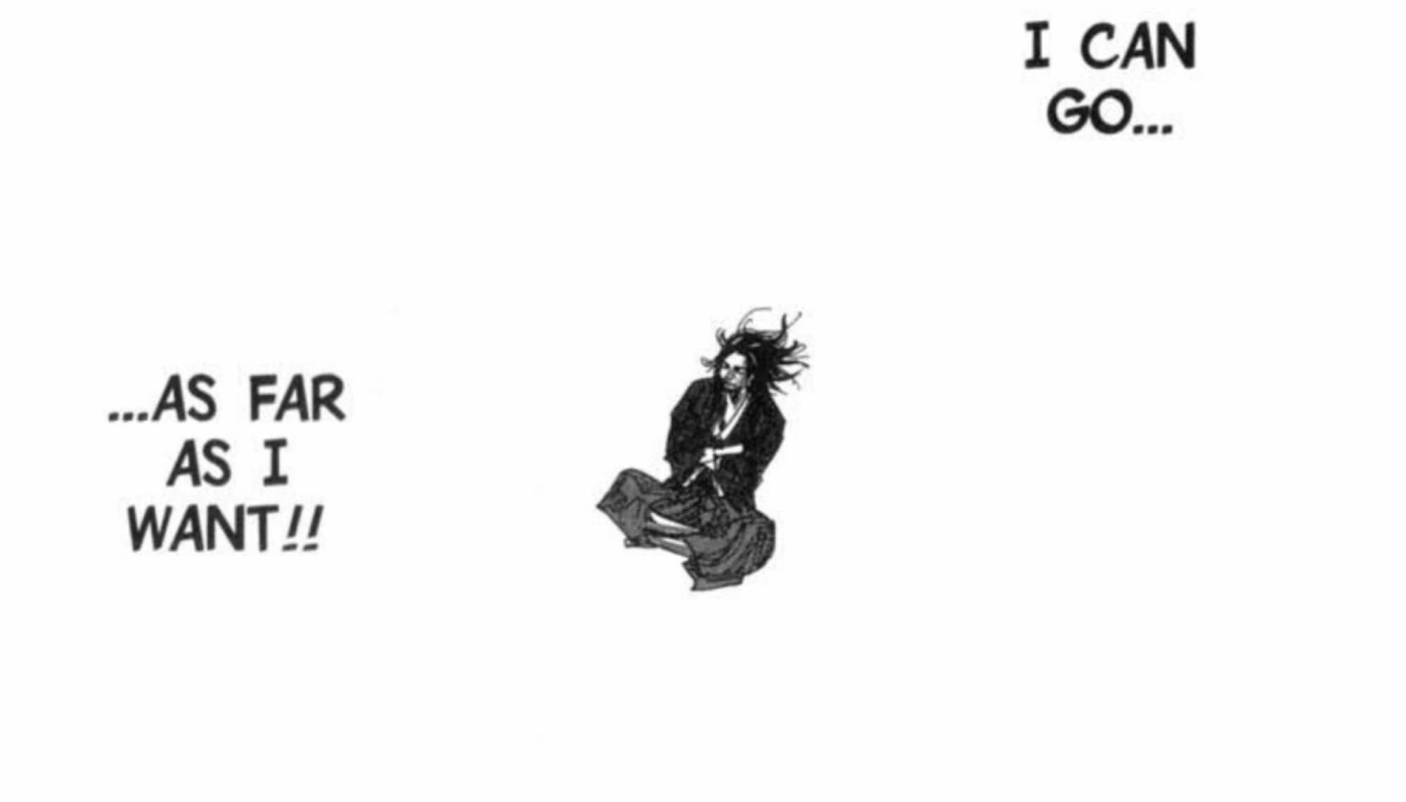 Manga panel from Takehiko Inoue's Vagabond featuring Miyamoto Musashi seated cross-legged amidst expansive white negative space with philosophical dialogue.