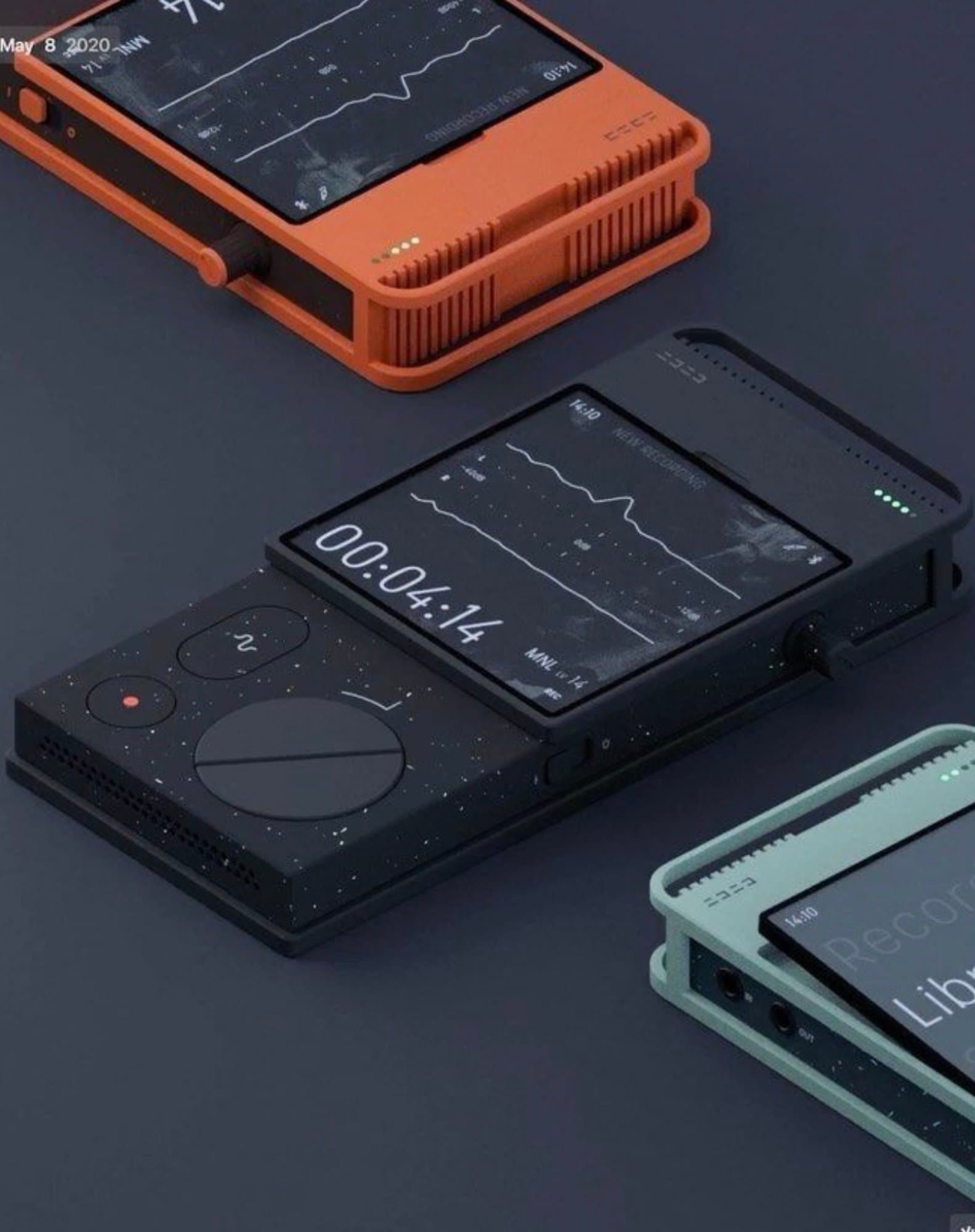 A minimalist concept design render of handheld digital audio recording devices with speckled matte finishes and tactical physical controls.