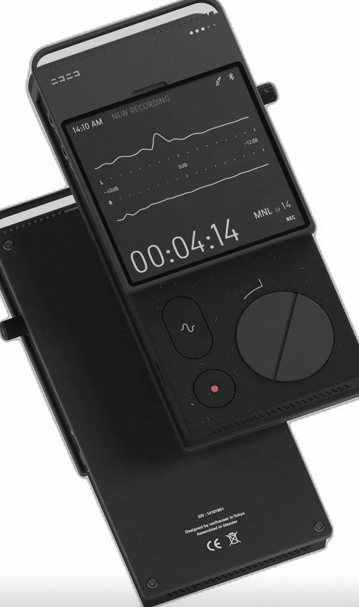 A sleek matte black conceptual handheld audio field recorder design by Carl Hauser.
